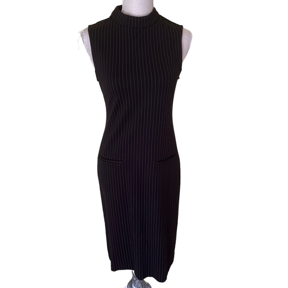 Sharagano Black with White Pinstripe Mock Neck Sleeveless Dress 2